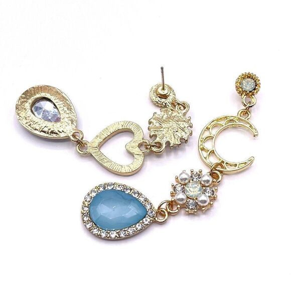 Yellow Gold with Blue and White Crystal Heart Moon Mismatch Post Back Earrings - Picture 5 of 7